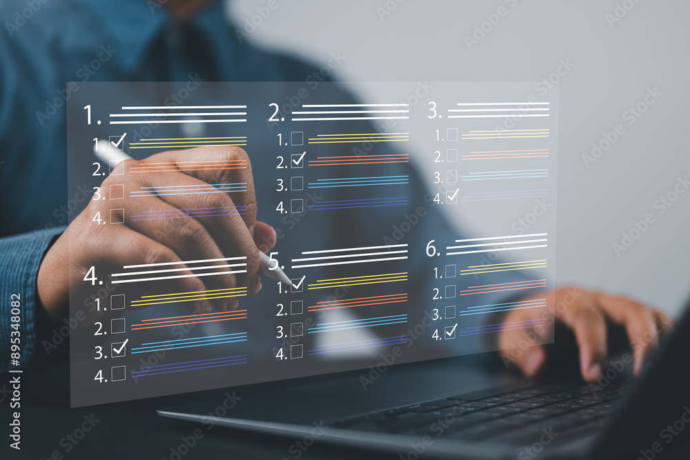 Poster businessman with evaluating questionnaire on online laptop computer. assessment survey online, choos
