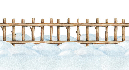 Fototapeta premium Winter time countryside wooden fence covered with snow, ice ground seamless border. Watercolor illustration. Hand drawn fence with snowy piles endless border countryside landscape element isolated