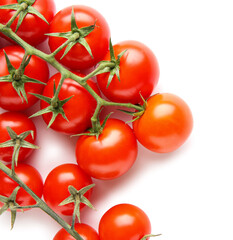 Many fresh cherry tomatoes on white background