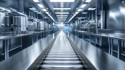 Obraz premium Modern Industrial Kitchen with Stainless Steel Equipment and Conveyor Belt in a Professional Setting