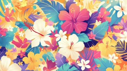 beauty of nature with a colorful hibiscus pattern in a whimsical and playful drawing style