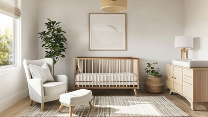 Modern Minimalist Nursery Room with Wooden Crib, Cozy Armchair, and Natural Decor Elements