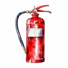 Watercolor, red fire hydrant with a black hose attached to it. The hydrant is painted in and is the focal point of the image