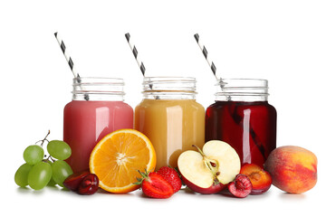 Mason jars of fresh juice with different fruits on white background