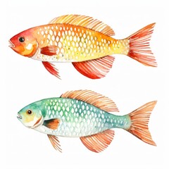 Fototapeta premium Two fish with different colors and patterns. One is green and the other is orange. The orange fish has a red tail