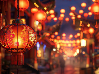 Festive Chinese Lanterns Illuminating a Rainy Street at Night