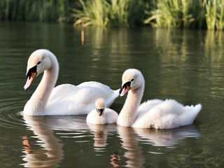 Obraz premium Two swans baby on the lake-generated by ai