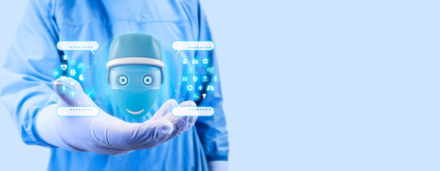 The doctor shows a robot in a technological context. Concept of integrating artificial intelligence...