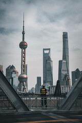 Bustling buildings and Oriental Pearl Tower in Pudong, Shanghai, China