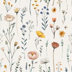 Naklejka premium Watercolor farmhouse flowers seamless repeating pattern, minimal pattern, high contrasty 