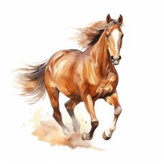 Watercolor, brown horse is running in the sand. The horse is the main focus of the image, and it is in motion. The sandy background adds a sense of movement and energy to the scene