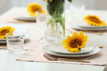 Table setting with sunflowers in dining room. Closeup