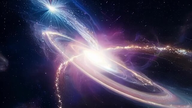 As the galaxies collide celestial fireworks flare up in a majestic show of cosmic energy bringing a sense of wonder and awe to all who witness it.