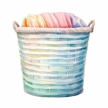 recommend clip art: Watercolor, basket of clothes is shown in a blue and white color scheme. The basket is filled with a variety of colored clothes, including a pink and white shirt, a yellow and pink shirt, and a blue