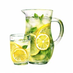 Watercolor, pitcher of lemonade with a glass of lemonade next to it. The pitcher is full and the glass is half full