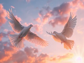 A serene image of two white birds flying high in the sky as the sun sets, creating a warm and peaceful atmosphere
