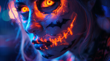 Fototapeta premium Halloween-Themed Neon Tattoo Design on a Face with Glowing Jack-O'-Lanterns, Bats, and Spooky Patterns