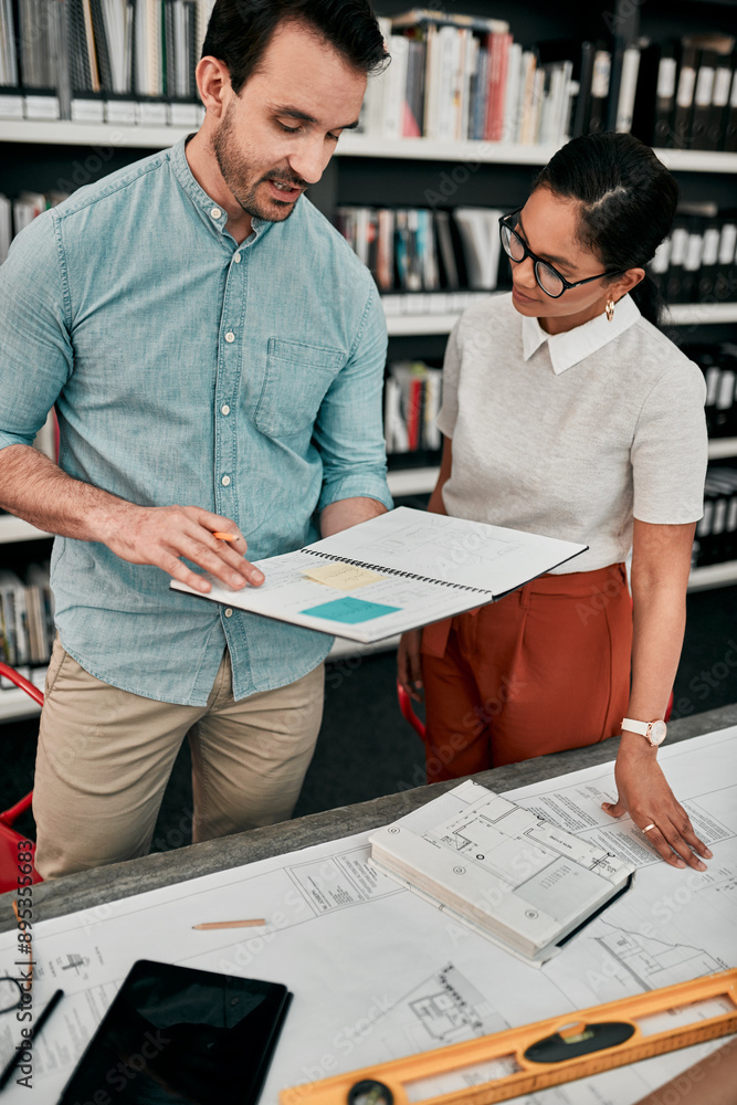 Aufkleber Man, woman and notebook for architecture in office with model, design or blueprint for property expansion. People, reading and check for floor plan, draft or quality assurance at construction agency