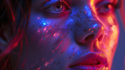 ontemplative Human Face with Neon Light Network on Dark Background