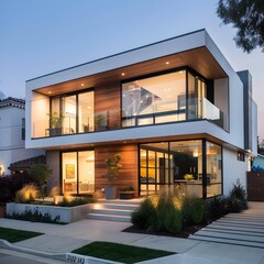 Fototapeta premium Modern Two Story Home with Large Windows and Wood Siding