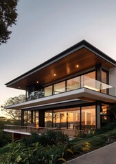 Fototapeta premium Modern House With Wooden Deck And Large Windows