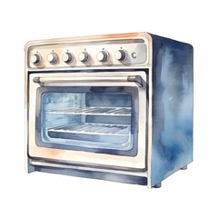 Obraz premium Watercolor, blue and white oven with a blue door. The oven has a white knob on the front