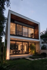 Modern House with Wooden Facade and Large Windows