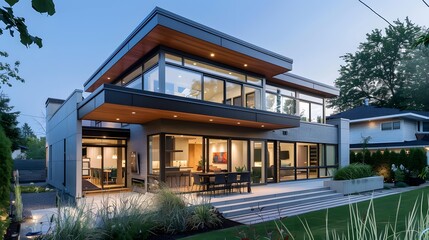 Fototapeta premium Modern House Exterior Design With Large Windows