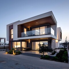 Modern White House with Wooden Accents and Glass Balcony