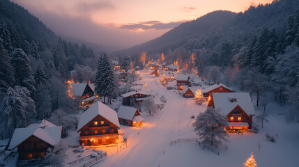 Fototapeta premium Drone Shot of Enchanting Black Forest in Germany with Snow-Covered Trees and Wooden Chalets