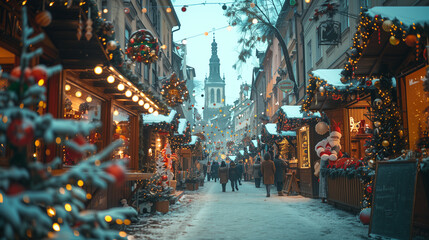 Fototapeta premium Wide Shot of Traditional German Christmas Market with Festive Stalls and Twinkling Lights