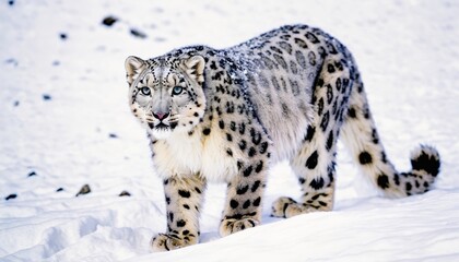 Obraz premium Majestic Leopard Walking Through Snowy Landscape