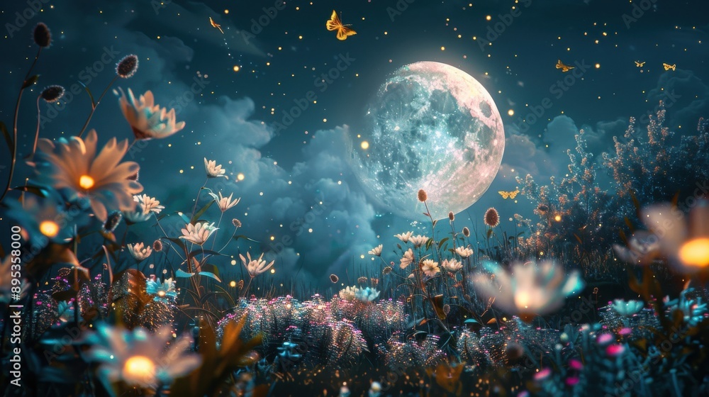 Wall mural a moonlit forest with a path leading through it