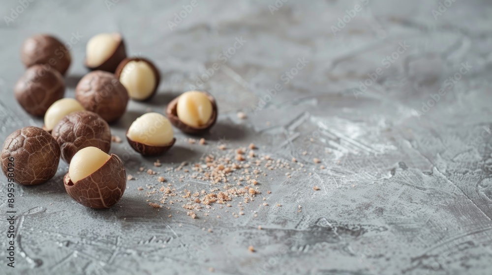 Poster close up of macadamia nuts on gray concrete with space for text