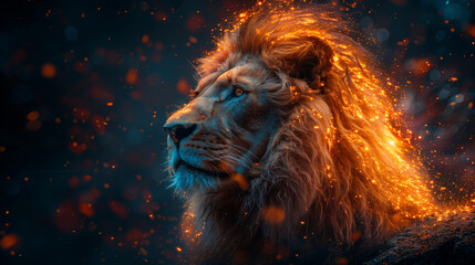 Naklejka premium Majestic Lion Standing on Rocky Outcrop with Dark Background and Soft Neon Highlights