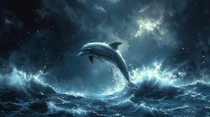 Fototapeta premium Graceful Dolphin Leaping from the Ocean with Dark Softly Glowing Background