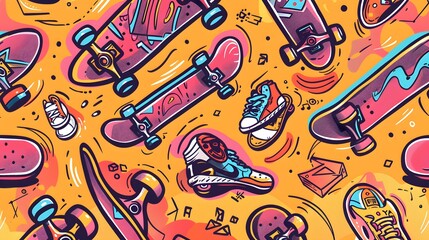 Hand drawn skateboarding seamless pattern. skateboard background. Skateboarding doodle illustration. Vector illustration. 