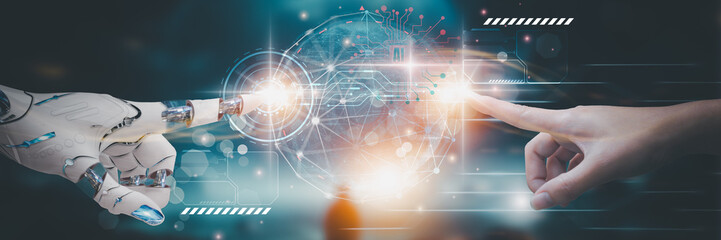 Robotic and human use finger touch Global data network information with artificial intelligence system network global with futuristic digital system for business people Business and industry system.