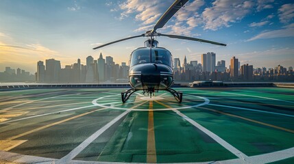 Helicopter on a rooftop helipad in the city
