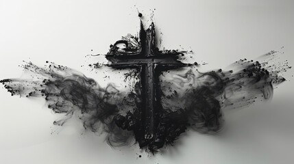 On Assumption Day, black dust smeared on a white background forms a cross, splashing, religious concept