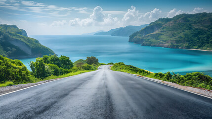 Asphalt road and mountain with blue sea natural landscape.