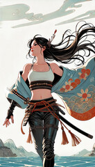 Obraz premium 日本画（Japanese painting）／戦士 美人画 美女 着物 anime イラスト