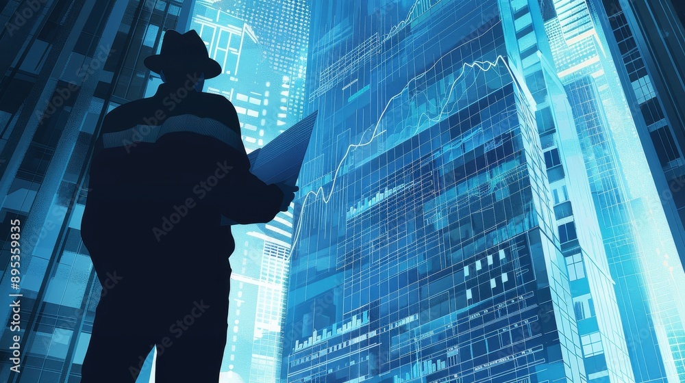 Poster a businessman in a suit and hat stands in front of a skyscraper, looking at financial data projected