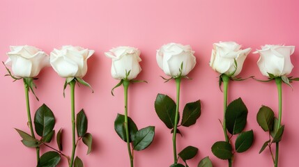 Fototapeta premium White roses in a row on pink background with one standing out Creamy flowers arranged with copy space flat lay view for events