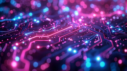 Obraz premium Intricate Neon Circuit Lines in Bright Blue and Electric Purple on Dark Background