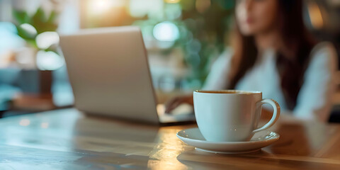 Fototapeta premium Cup of coffee, to concentrate while you work. A woman on her laptop in a blurred background