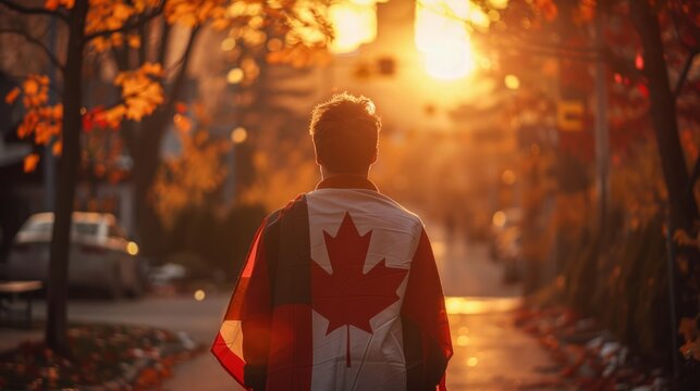 Person with Canadian flag walking at sunset - Powered by Adobe