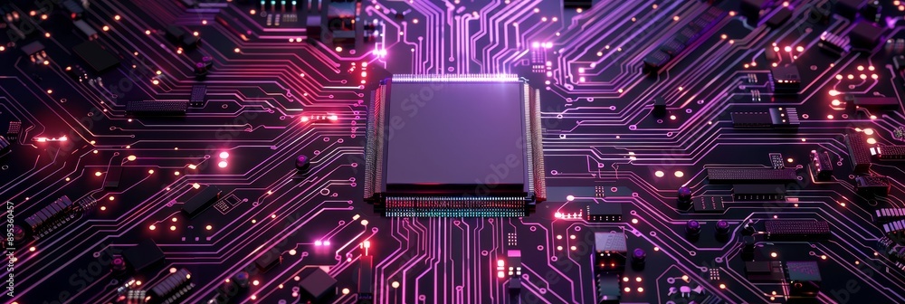 Poster a close-up of a circuit board with glowing lines and a central processor, symbolizing technology, in