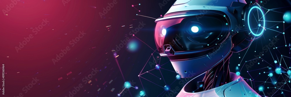 Poster a close-up of a futuristic robot with glowing eyes and network connections, symbolizing artificial i