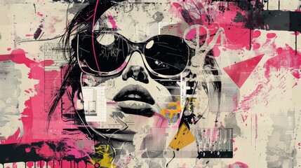Fototapeta premium A contemporary art portrait of a woman with sunglasses, featuring bold colors, layered textures, and a collage-like aesthetic. It symbolizes individuality, urban style, modern art, and artistic expres